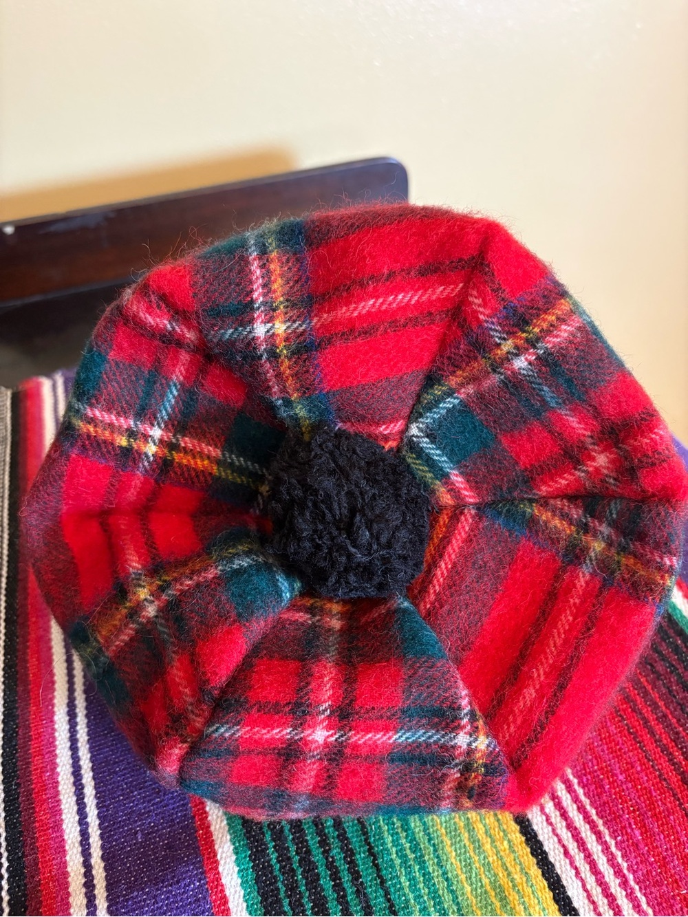 💯% Edinburgh Red Plaid Wool Tam Hat with Black Pom